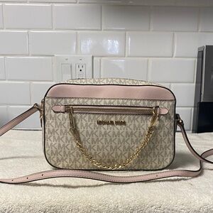 Michael Kors Signature Beige and Pink Crossbody Bag